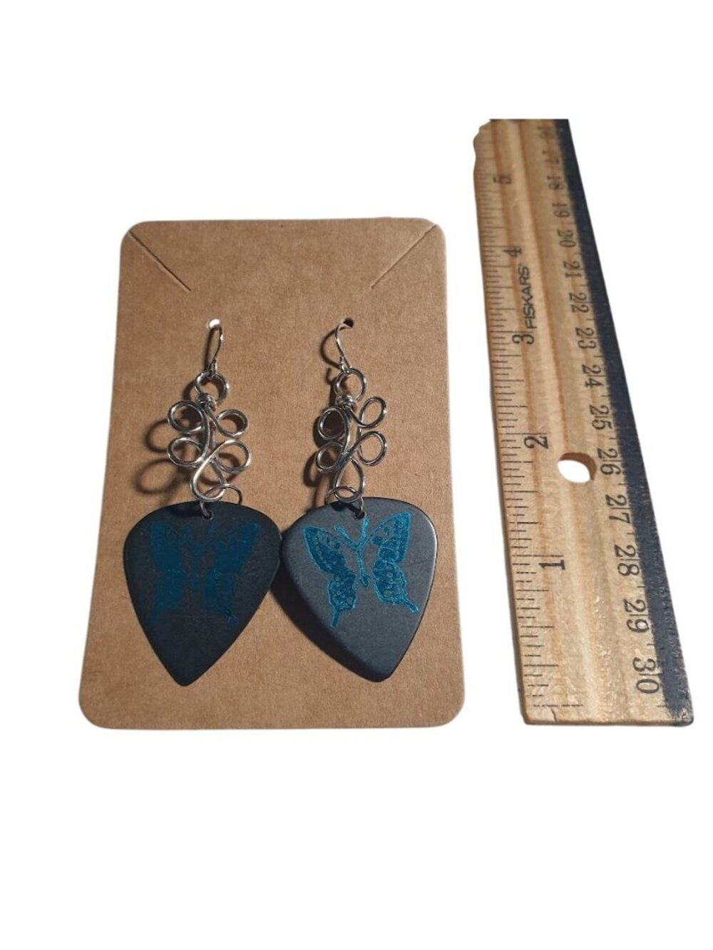 Guitar Pick Dangle Earrings Angels Rocks Butterfly Design Silver Tone Handmade - Picture 4 of 5